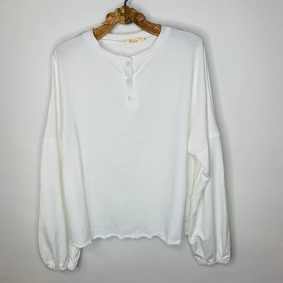 White Henley Shirt Full Gathered Sleeve Lettuce Hem Top Sz Medium - Picture 5 of 9